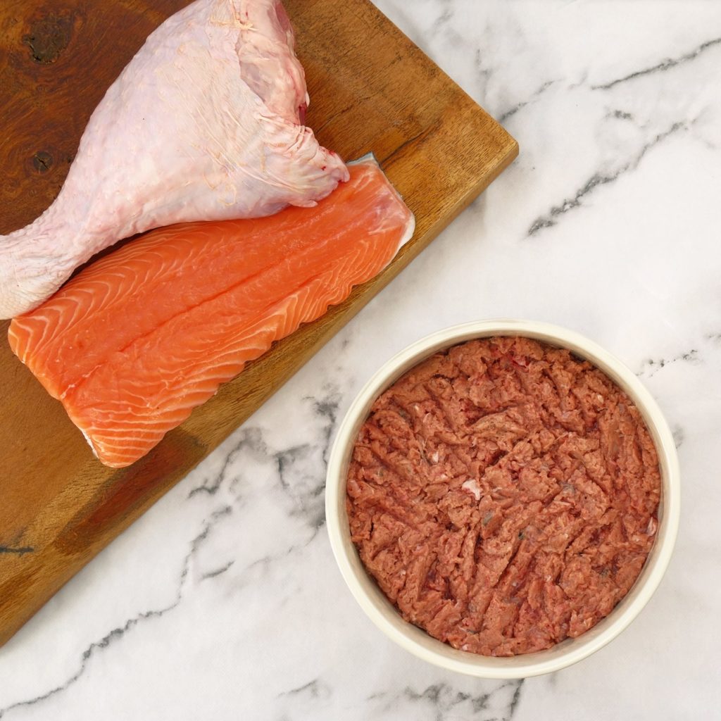 Salmon and turkey in a dog bowl with a turkey leg and side of salmon on a chopping board